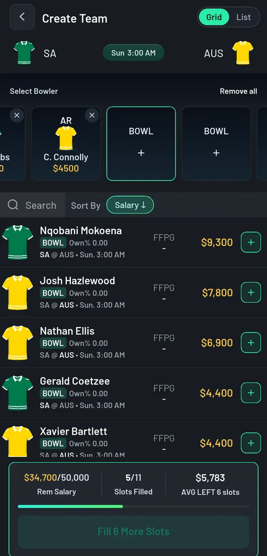 Runtiva's cricket team builder for South Africa vs Australia: five of eleven slots filled and bowlers listed with their prices.