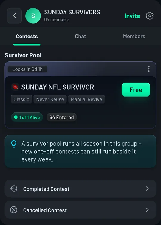 A Runtiva group screen: SUNDAY SURVIVORS with 64 members, Contests, Chat and Members tabs, a free survivor pool card, and a Create Contest button.