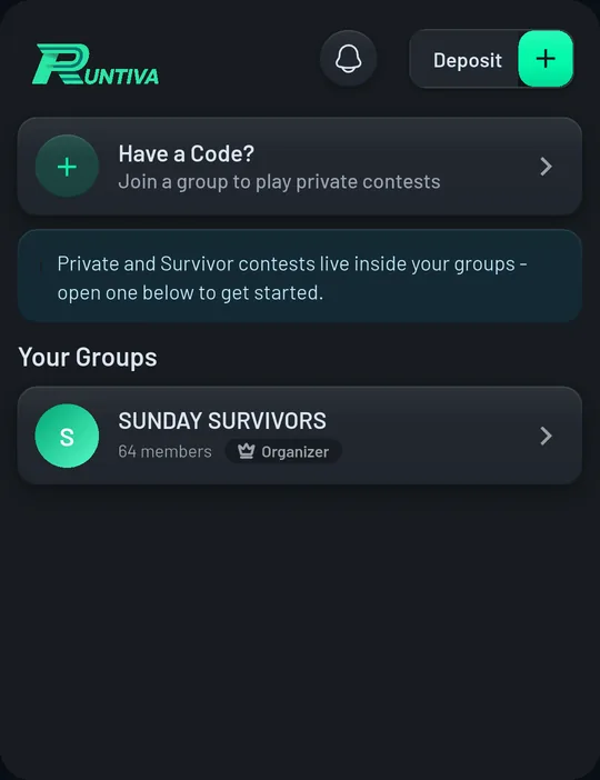 The Groups tab: a Have a Code? row, a note that private and survivor contests live inside groups, and a group card with an Organizer badge.