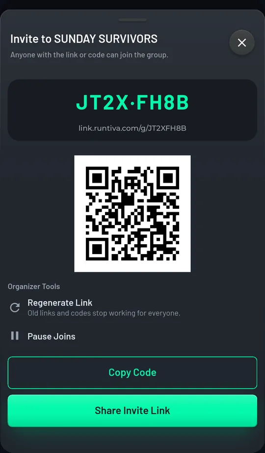 The invite sheet: an 8-character group code, the invite link, a QR code, organizer tools to regenerate the link or pause joins, and Copy Code and Share Invite Link buttons.
