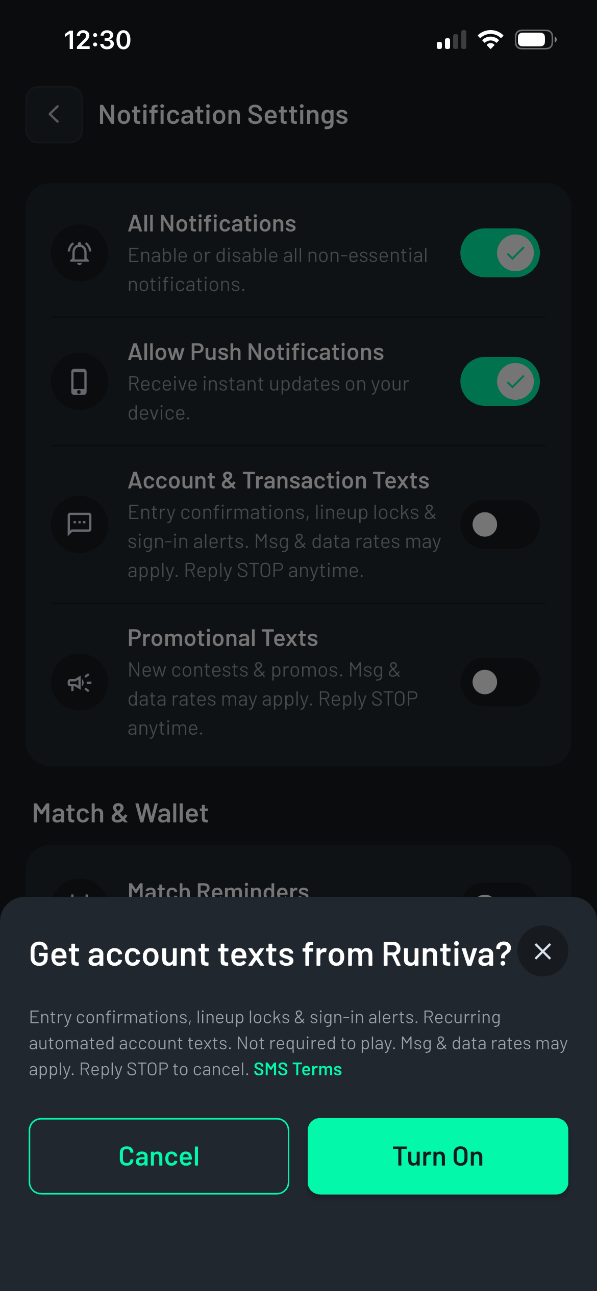 Runtiva confirmation sheet titled Get account texts from Runtiva? with the account disclosure and Cancel and Turn On buttons