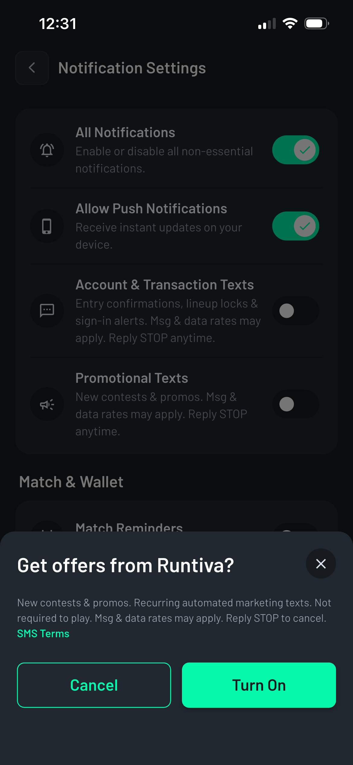 Runtiva confirmation sheet titled Get offers from Runtiva? with the promotional disclosure and Cancel and Turn On buttons