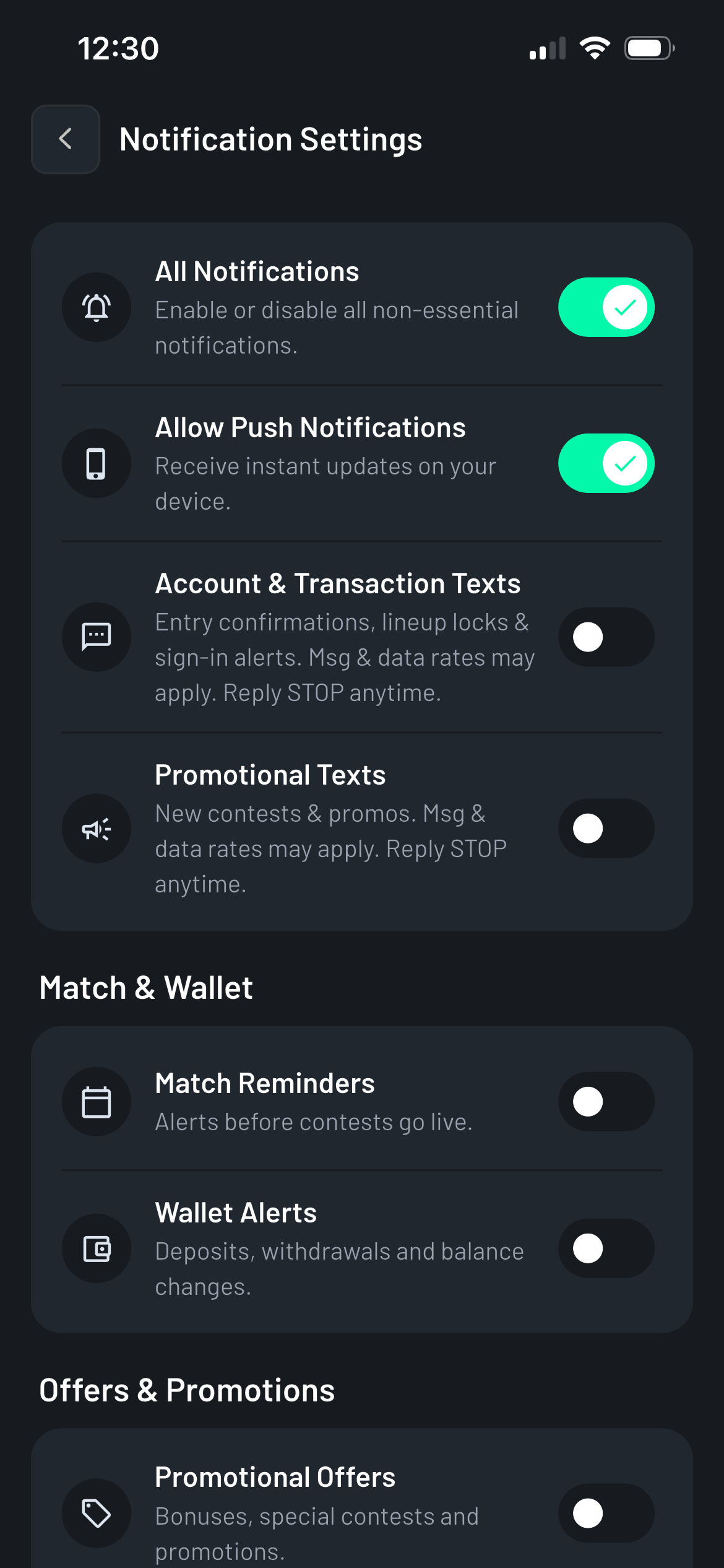 Runtiva Notification Settings screen showing two separate SMS toggles, Account and Transaction Texts and Promotional Texts, both off