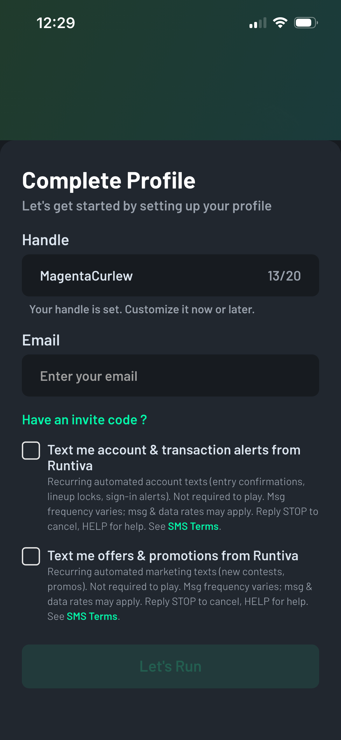 Runtiva sign-up screen showing two separate SMS consent checkboxes, both unchecked by default, each with its own disclosure text beneath it