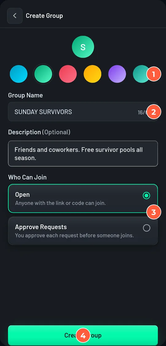 Create Group form: colour picker, Group Name 'Sunday Survivors', a description, Who Can Join set to Open, and the Create Group button.