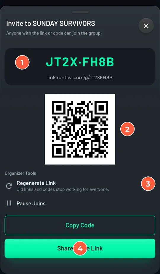 Invite sheet showing the 8-character group code, the invite link, a QR code, Organizer Tools (Regenerate Link, Pause Joins), Copy Code and Share Invite Link.