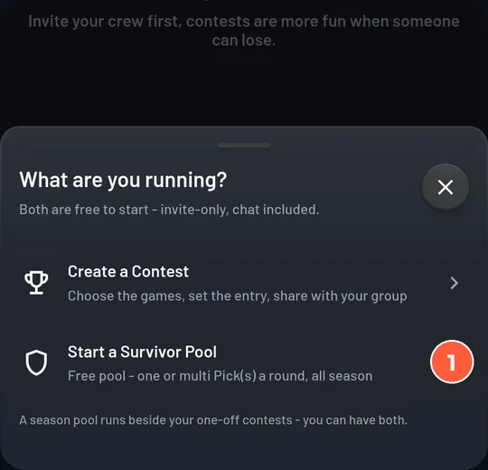 The What are you running? sheet with two choices: a weekly contest, or Start a Survivor Pool.