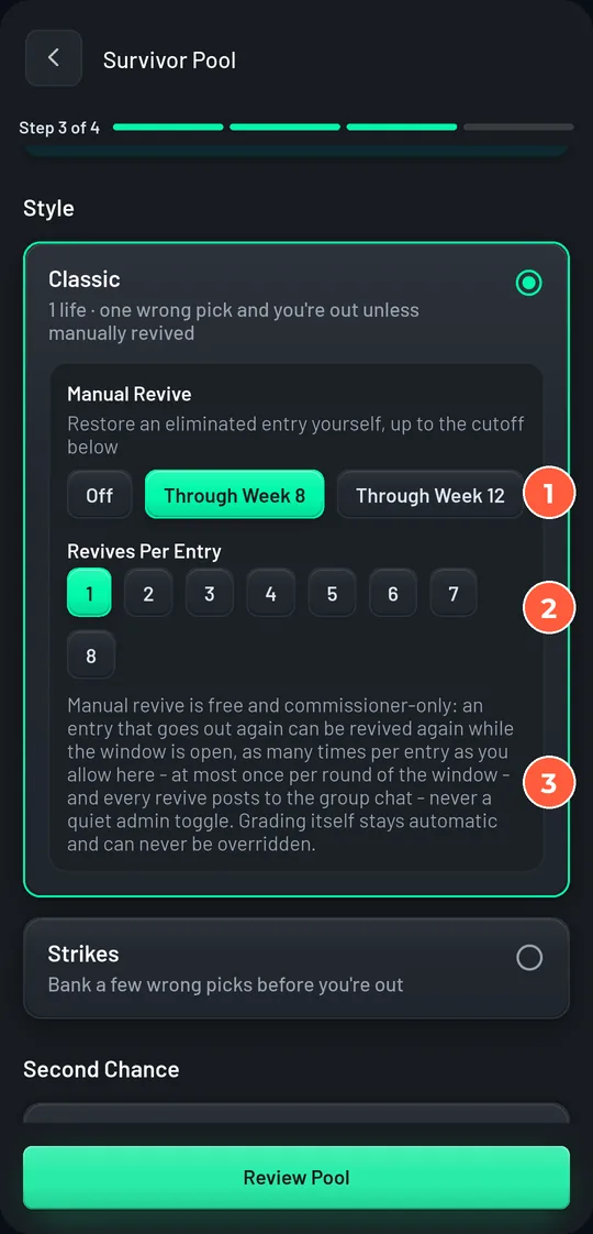 Rules step, lives: Classic selected, Manual Revive set to Through Week 8, Revives Per Entry set to 1, and the Strikes card below.