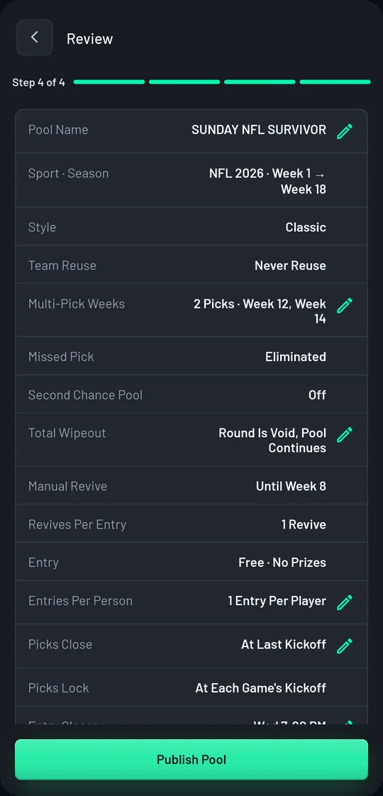 Wizard step 4, Review: every setting listed as a row, from Pool Name to Picks Lock.