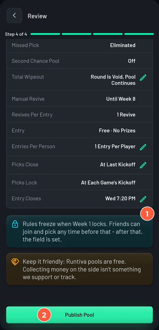 Bottom of the Review step: the rules-freeze note, the free-play note, and the Publish Pool button.