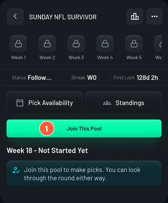 The pool screen for a commissioner who has not joined yet: a Join This Pool button above the round.