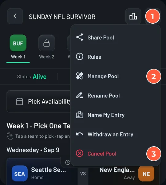 The Pool Actions menu: Share Pool, Rules, Manage Pool, Rename Pool, Name My Entry, Withdraw an Entry, Cancel Pool.