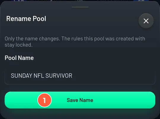 Rename Pool sheet: only the name changes; the rules stay locked. Save Name button.