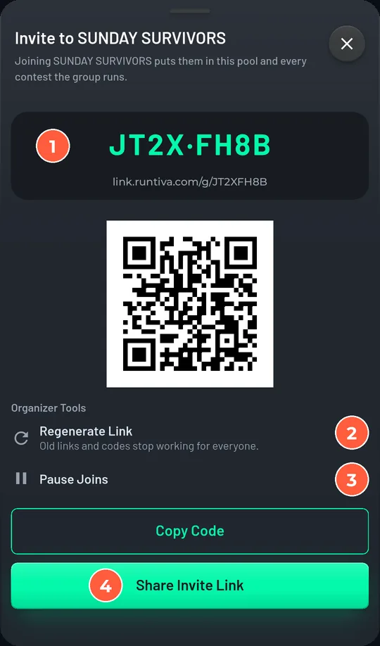 Invite sheet: the group code, link, QR, Regenerate Link, Pause Joins, Copy Code, Share Invite Link.
