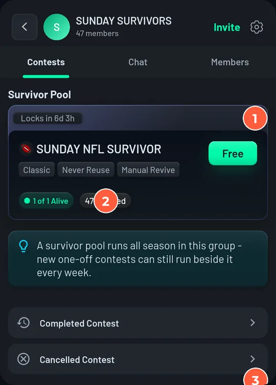 Group Contests tab with the survivor pool card: Locks in 6d 4h, Classic, Never Reuse, Manual Revive, 1 of 1 Alive, 47 Entered, Free.
