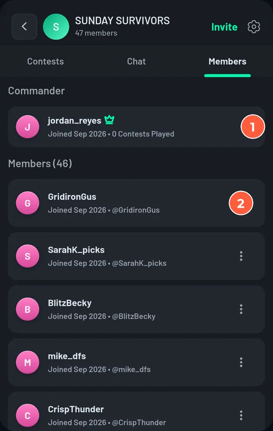 Group Members tab: the Commander at the top, then members each with a ⋮ menu.