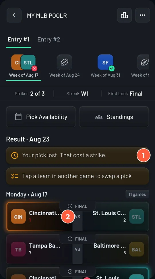 A graded round with a loss: 'Your pick lost. That cost a strike.' and the losing pick marked with a red cross.