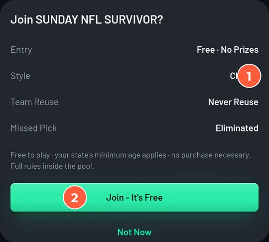 Join sheet: Entry Free, No Prizes; Style Classic; Team Reuse Never Reuse; Missed Pick Eliminated; free-to-play note; Join, It's Free.