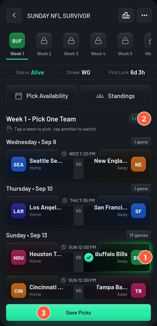 Buffalo Bills selected with a check mark, the counter reads 1 of 1, and the Save Picks button is active.