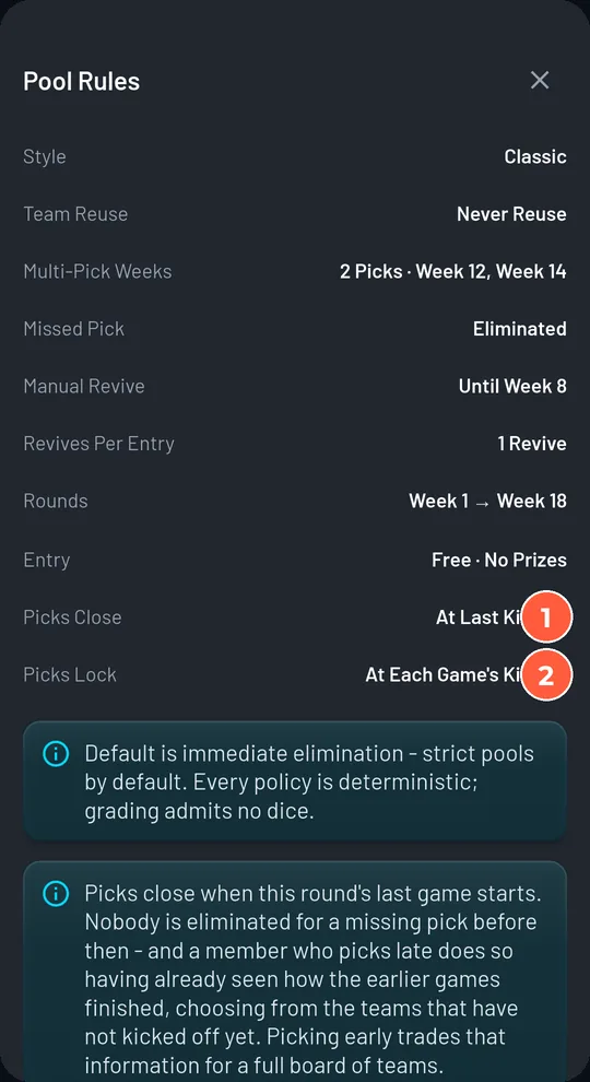 Pool Rules sheet: Style, Team Reuse, Multi-Pick Weeks, Missed Pick, Manual Revive, Revives Per Entry, Rounds, Entry, Picks Close, Picks Lock, with explanatory notes.