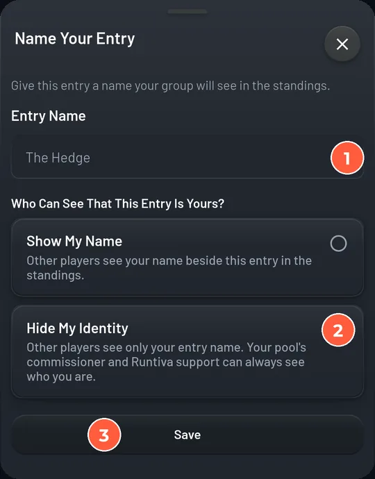 Name Your Entry sheet: an Entry Name field, Show My Name or Hide My Identity, and Save.