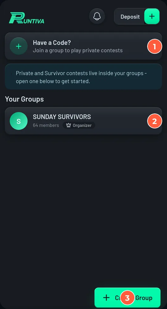 Groups tab with Have a Code? at the top, the SUNDAY SURVIVORS group with dozens of members and an Organizer badge, and the Create Group button.