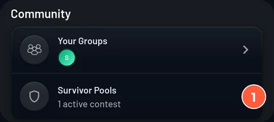 Home tab, Community section: Your Groups and a Survivor Pools row showing active contests.
