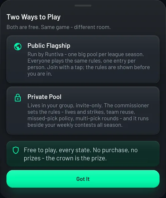Two Ways to Play sheet: Public Flagship run by Runtiva, or a Private Pool in your group with the commissioner's rules. Free to play, every state.