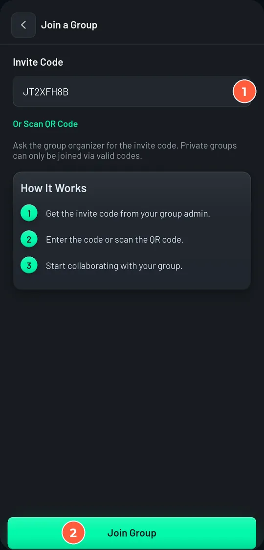 Join a Group screen with the code already filled in from the invite link, and the Join Group button enabled.